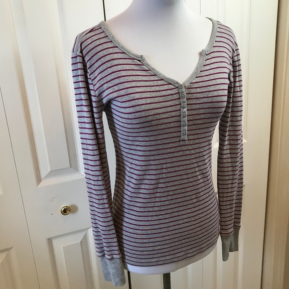 COPY - BCBG Gray Purple Striped Henley Top L/S Med - Picture 2 of 5